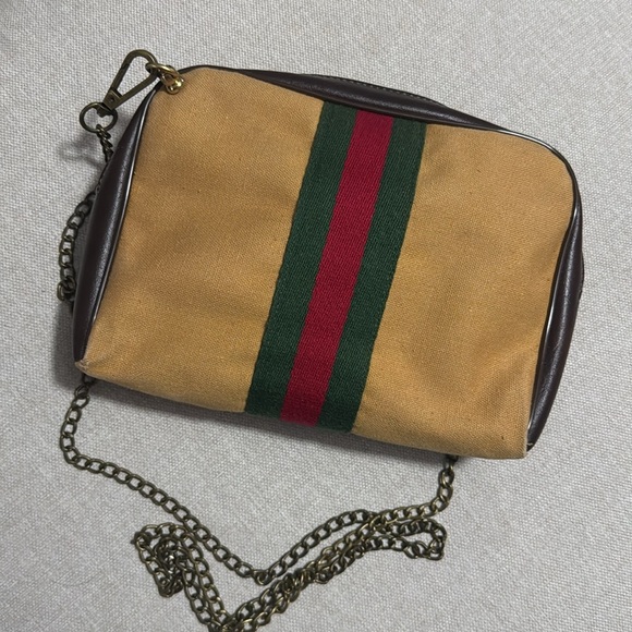 Converted Vintage Pouch-Tan Canvas-Red & Green Stripe Detail-Brassy Link Chain - Picture 3 of 17